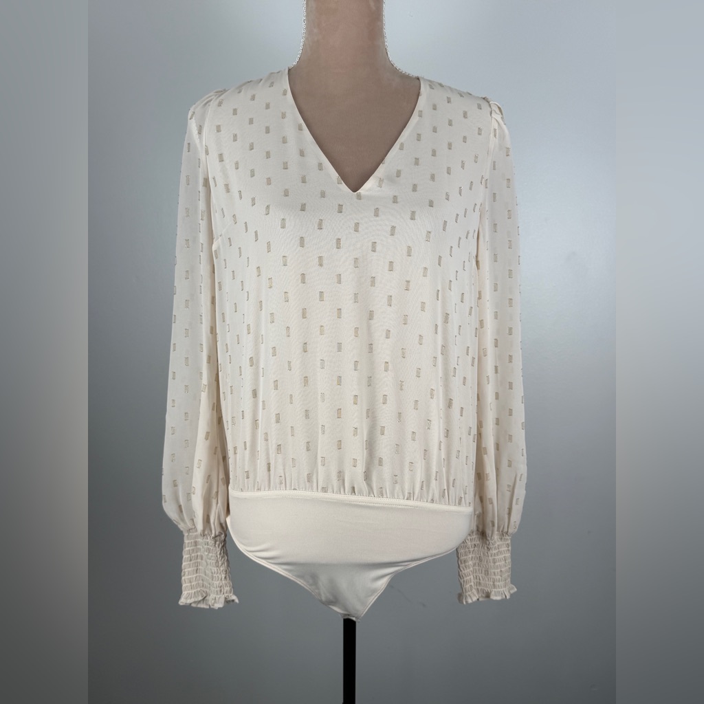 Express Cream V-Neck Long Sleeve Bodysuit With Subtle Dot Texture